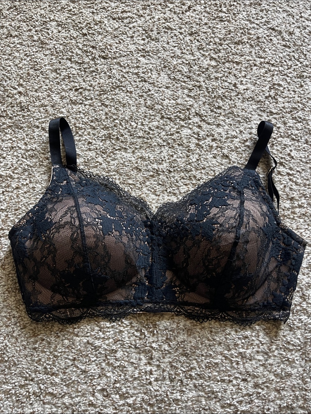 Lace Overlay Wireless Bra in Black and Nude